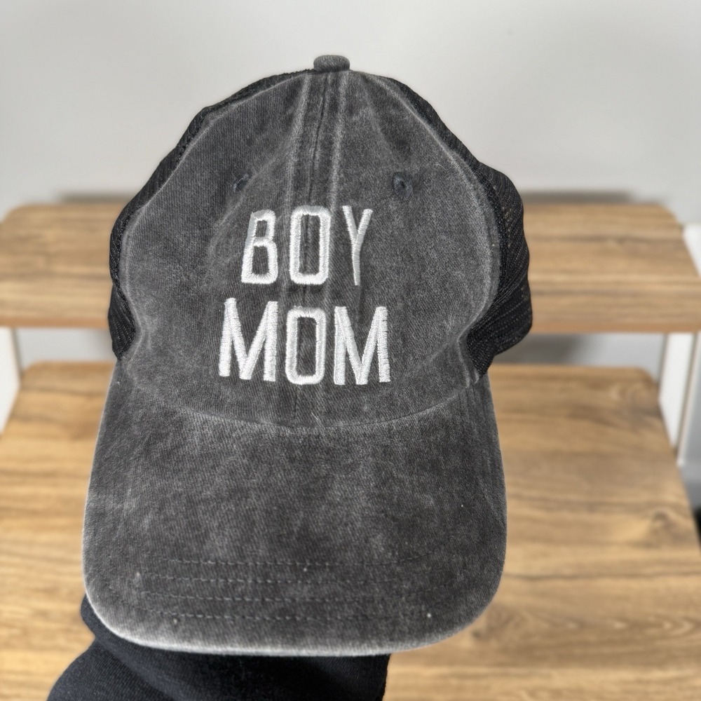 Boy Mom Trucker Hat Gray Black Distressed‎ Adjustable Pony Hole
